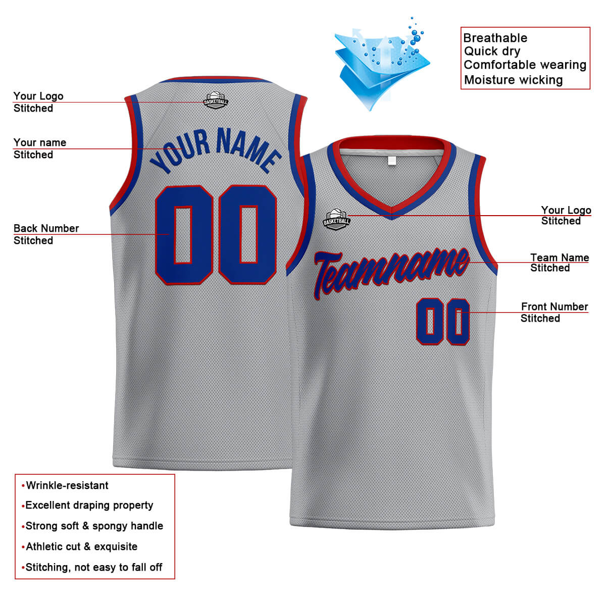Custom Stitched Basketball Jersey for Men, Women  And Kids Gray-Royal-Red