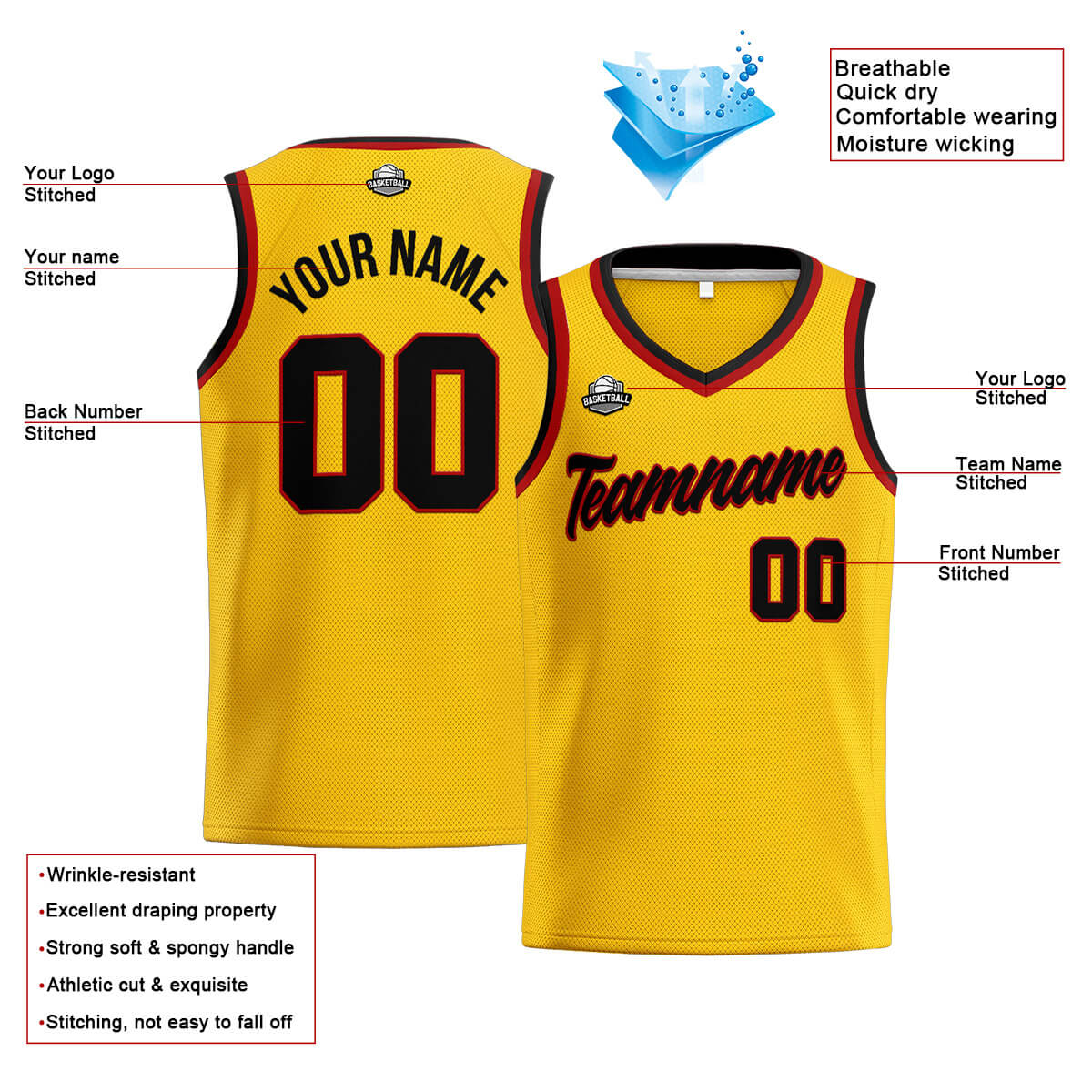 Custom Stitched Basketball Jersey for Men, Women  And Kids Yellow-Black-Red