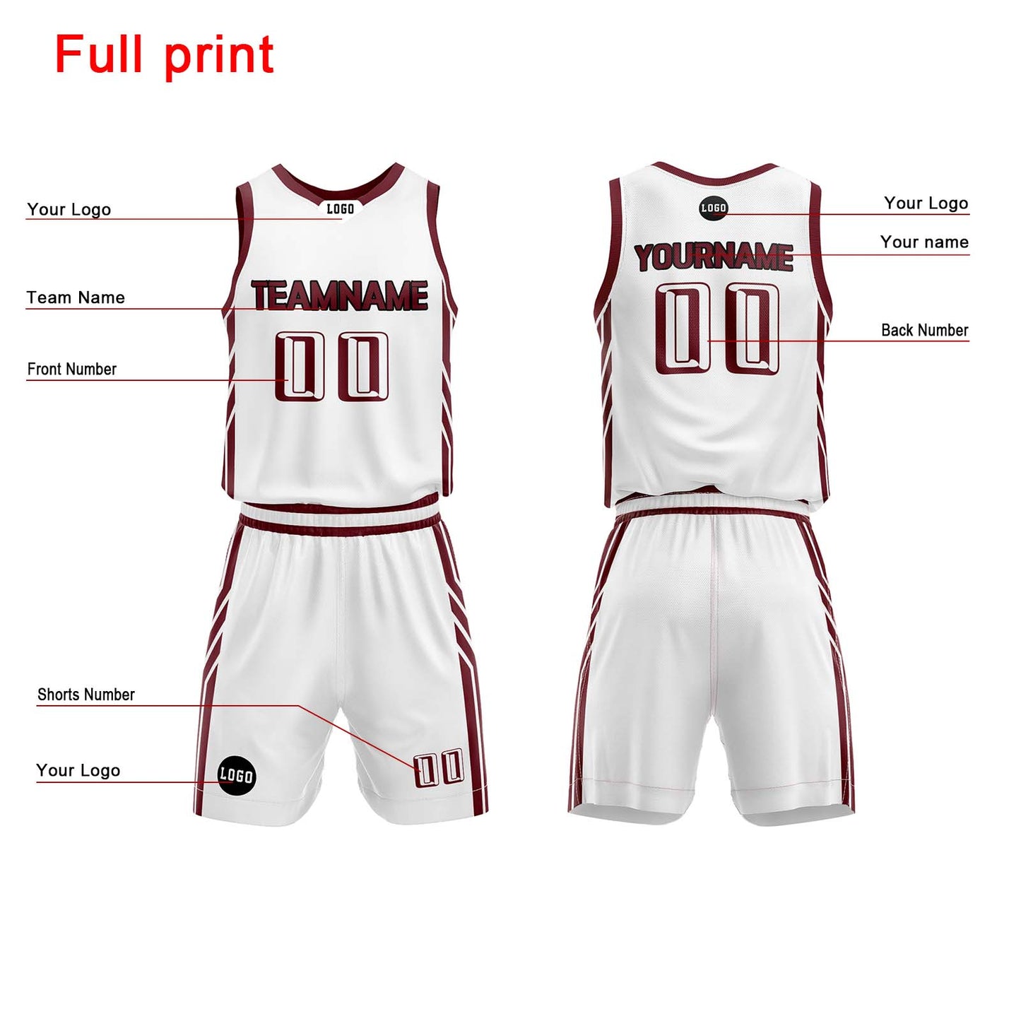 Custom White Dark Red Basketball Jersey Uniform Suit Printed Your Logo Name Number