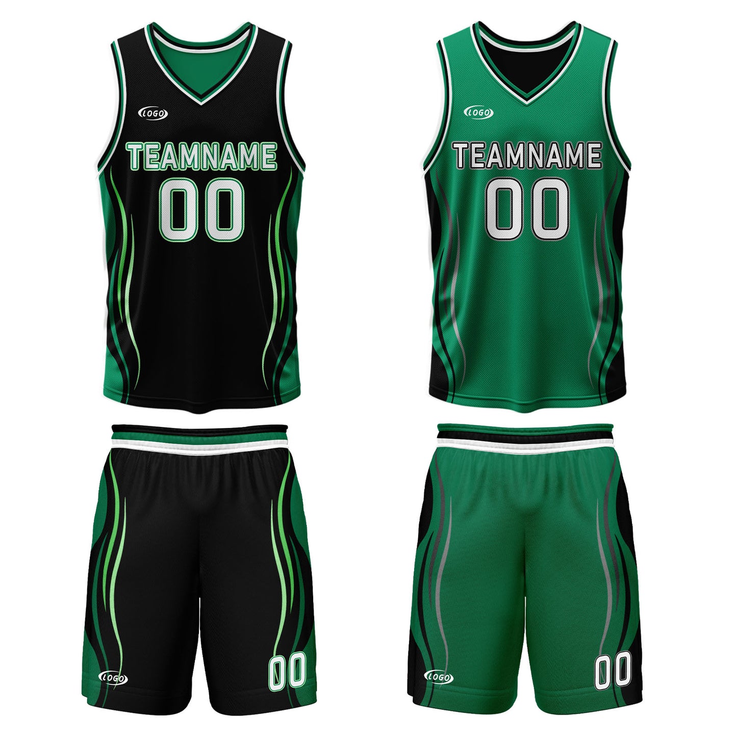 Custom Black Green Reversible Basketball Suit for Adults and Kids Personalized Jersey