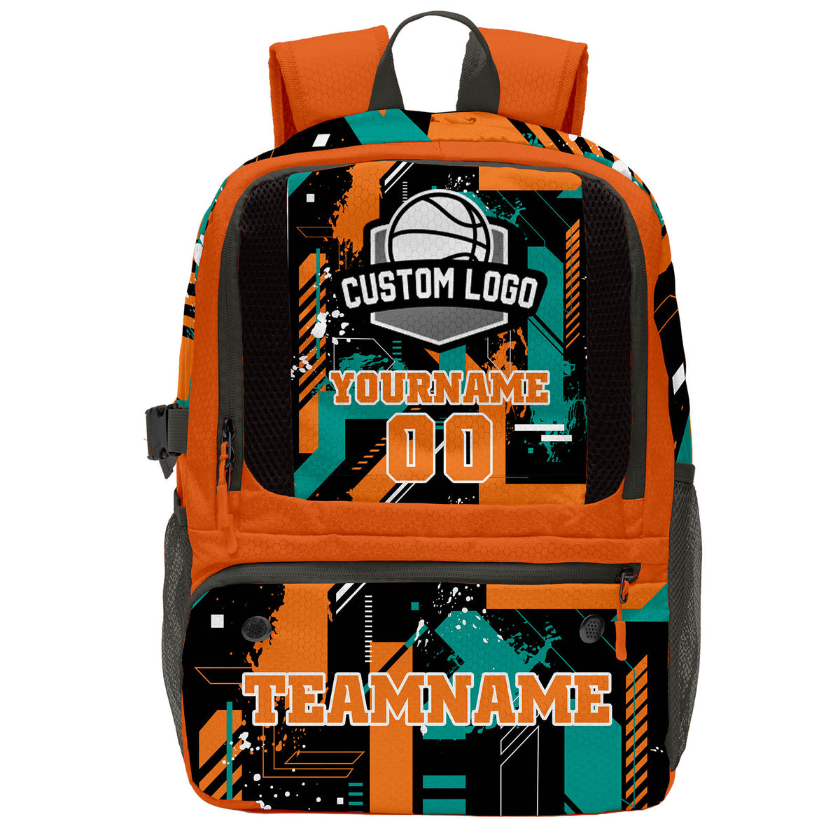 Custom Orange Black Cyan Basketball Soccer Backpack Personalized Player Names Numbers Team Logo #BB-0919-0024