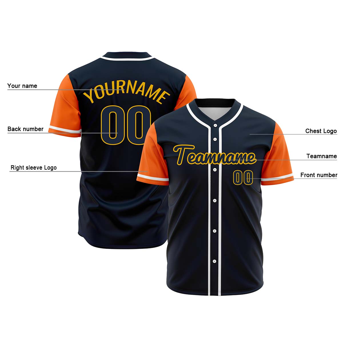 Custom Dark Blue Orange Hip Hop Baseball Jersey Stitched Printed - Personalized Name Number Shirts #BB-0919-0052