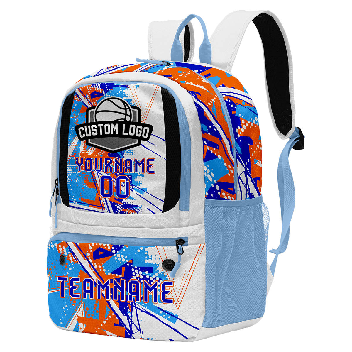 Custom Orange Blue White Basketball Soccer Backpack Personalized Player Names Numbers Team Logo #BB-0919-0025