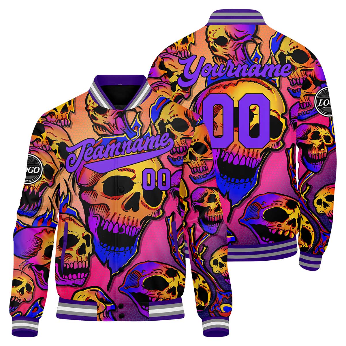 Custom Psychedelic Skeleton & Pink Purple Varsity Jacket for Men Women and Youth with Personalized Letterman Jacket