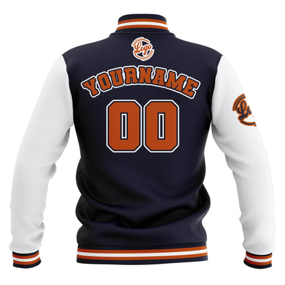 Custom Navy White Orange Waterproof Varsity Jackets Personalized Stitched Name Number Logo to Letterman Jackets