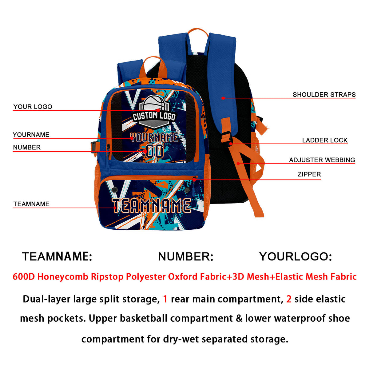 Custom Deep Blue Orange Basketball Soccer Backpack Personalized Player Names Numbers Team Logo #BB-0919-0014