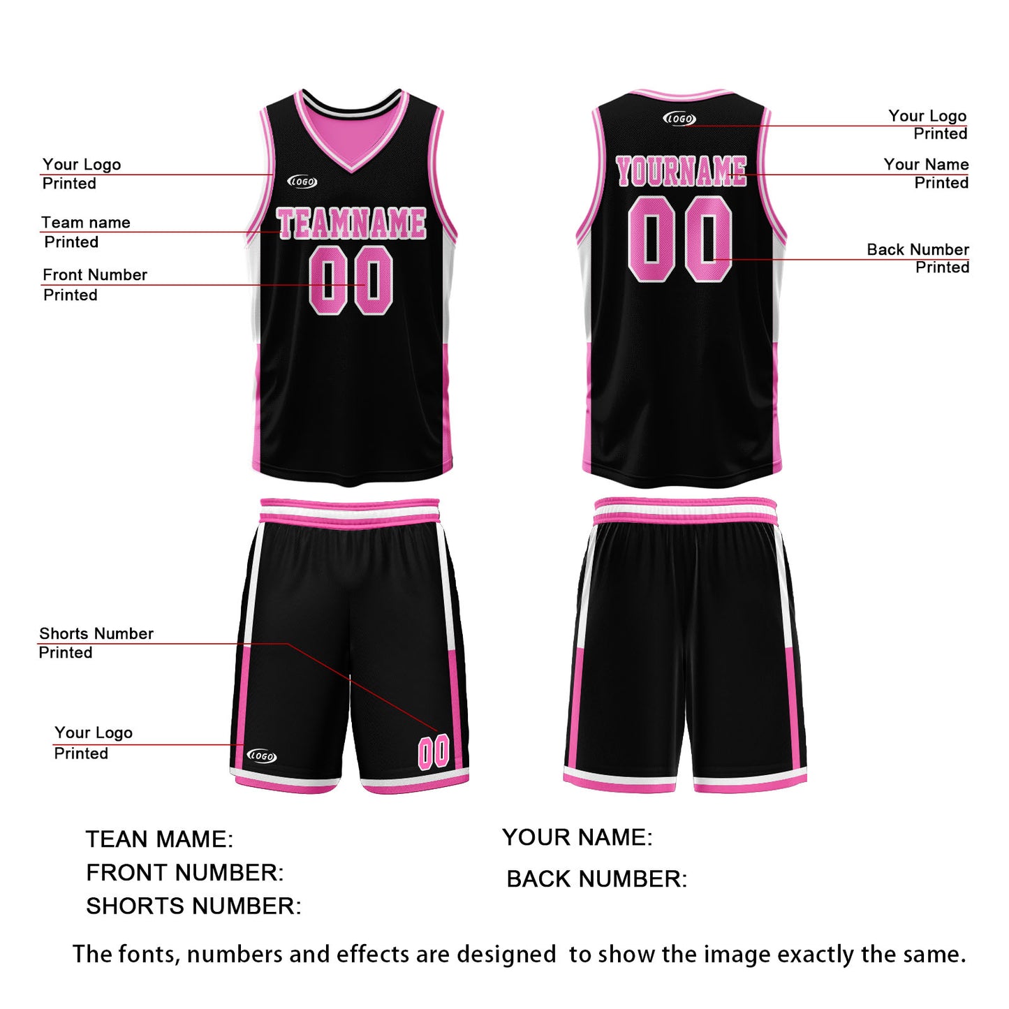 Custom Black Pink Reversible Basketball Suit for Adults and Kids Personalized Jersey