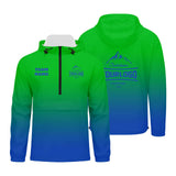Custom Green Blue Windproof Softshell  Hooded Jacket - Lightweight Full - Zip, Full Print Logos & Texts