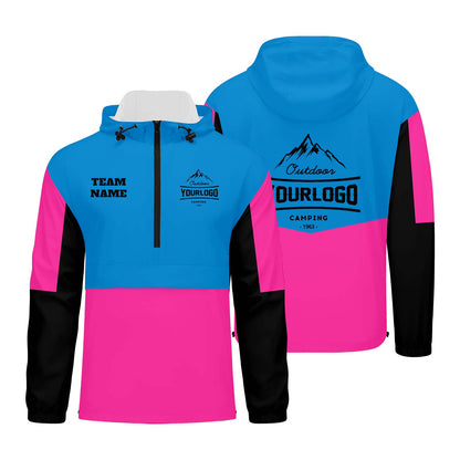 Custom Blue Pink Black Windproof Softshell  Hooded Jacket - Lightweight Full - Zip, Full Print Logos & Texts