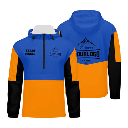 Custom Blue Orange Black Windproof Softshell  Hooded Jacket - Lightweight Full - Zip, Full Print Logos & Texts