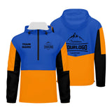 Custom Blue Orange Black Windproof Softshell  Hooded Jacket - Lightweight Full - Zip, Full Print Logos & Texts