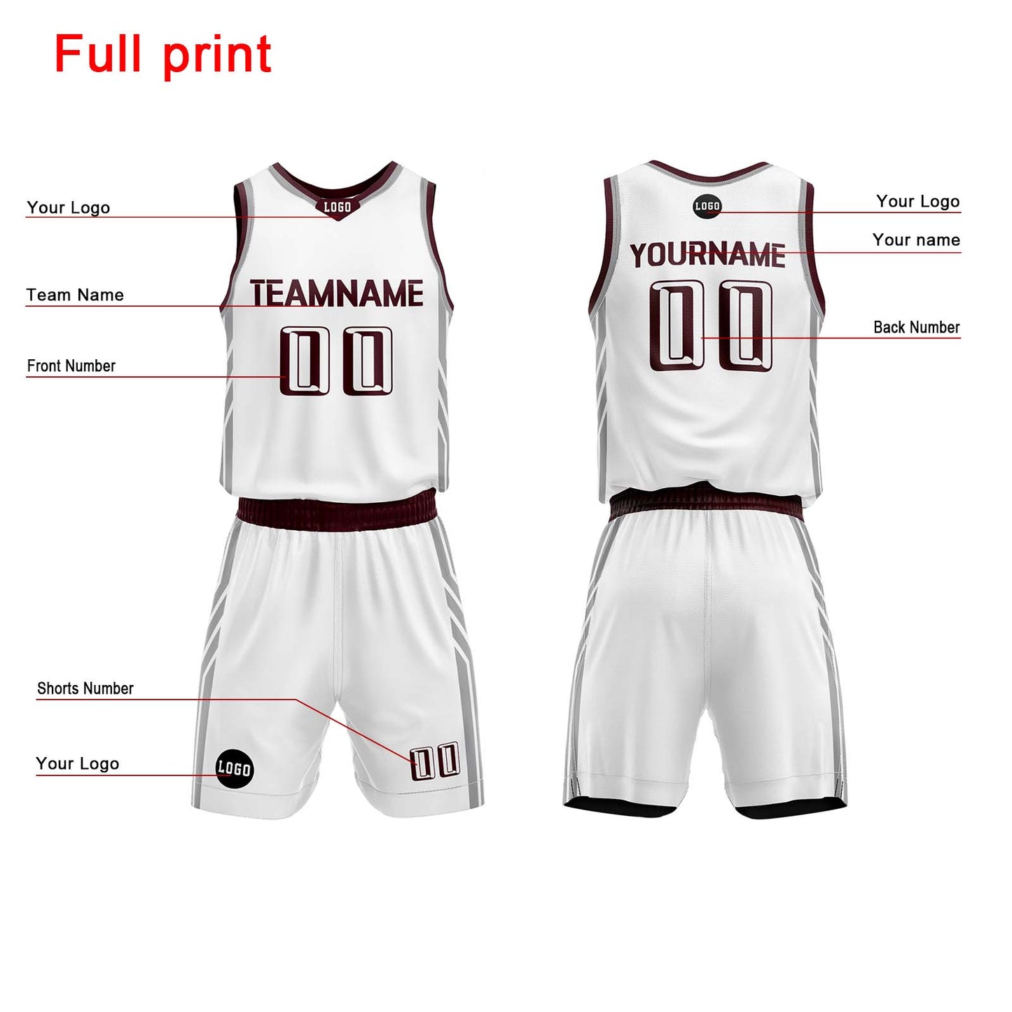 Custom White Dark Red Basketball Jersey Uniform Suit Printed Your Logo Name Number