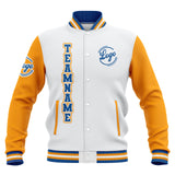 Custom White Yellow Blue Waterproof Varsity Jackets Personalized Stitched Name Number Logo to Letterman Jackets