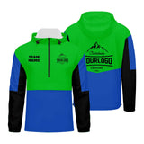 Custom Green Blue Black Windproof Softshell  Hooded Jacket - Lightweight Full - Zip, Full Print Logos & Texts