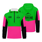 Custom Green Pink Black Windproof Softshell  Hooded Jacket - Lightweight Full - Zip, Full Print Logos & Texts