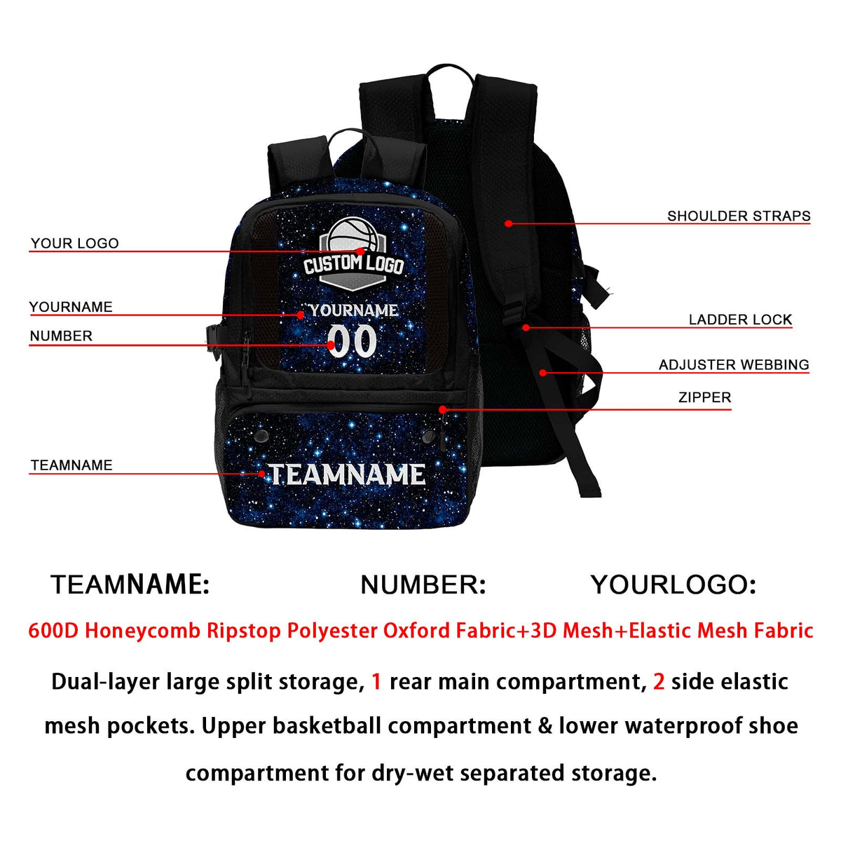 Custom Black Basketball Soccer Backpack Personalized Player Names - Numbers & Team Logo #150-BP-0914-0005