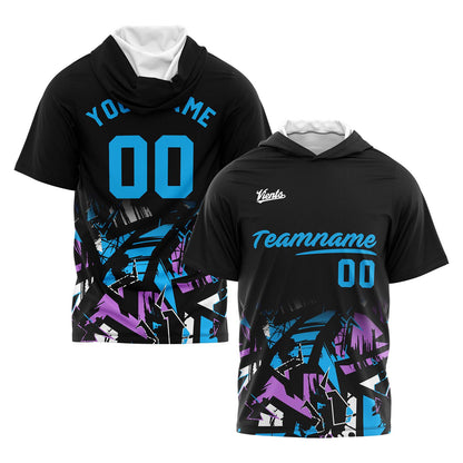 Custom Black Light Blue Hooded T-Shirt Short Sleeve Hoodies for Men Women Shirts with Hoods Printed Name Logo