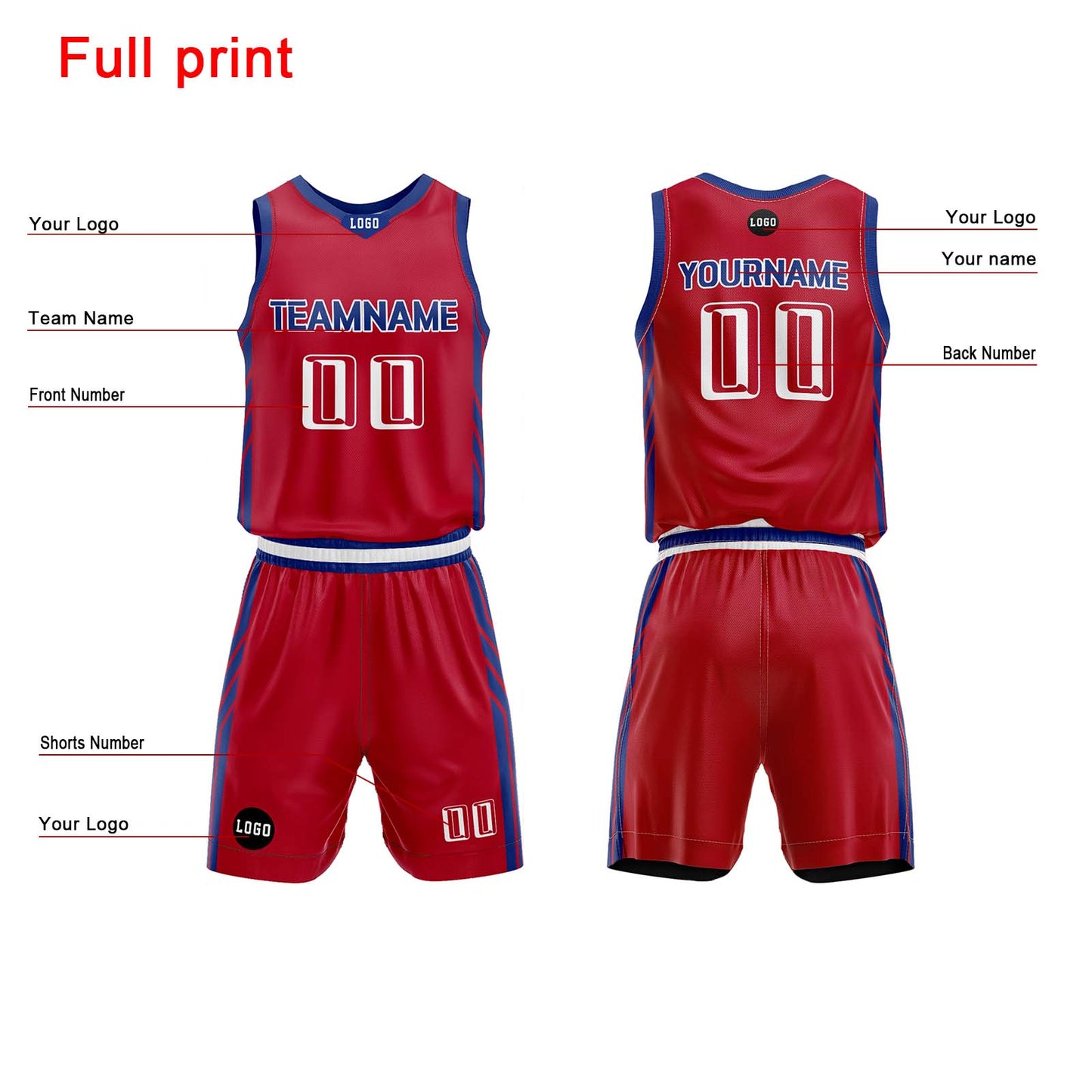 Custom Red Blue Basketball Jersey Uniform Suit Printed Your Logo Name Number