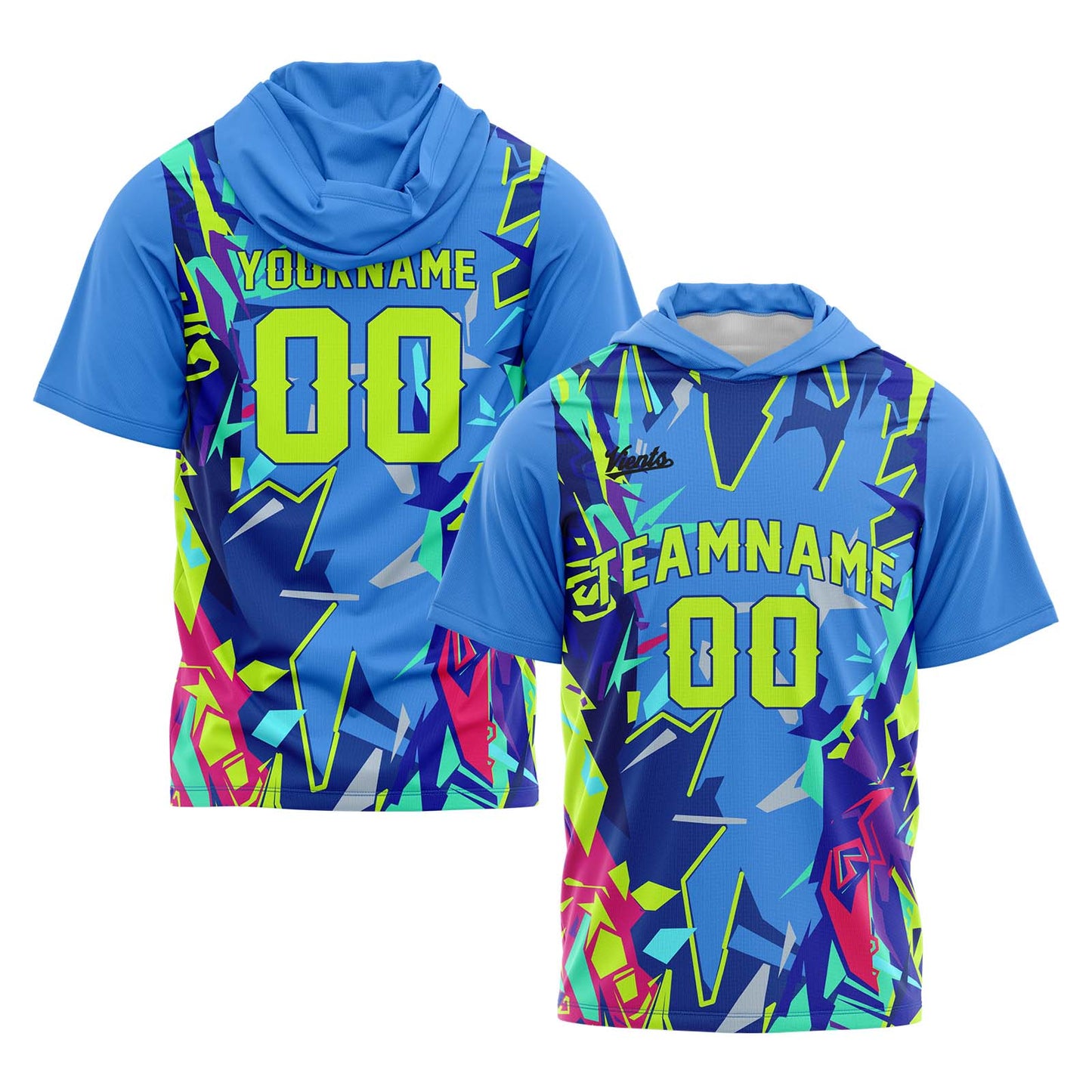 Custom Blue Neon Green Short Sleeve Hoodies for Men Women Shirts with Hoods Printed Name Logo