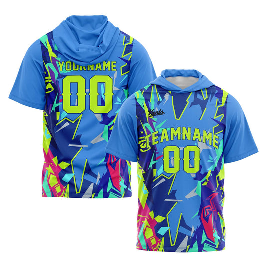 Custom Blue Neon Green Short Sleeve Hoodies for Men Women Shirts with Hoods Printed Name Logo