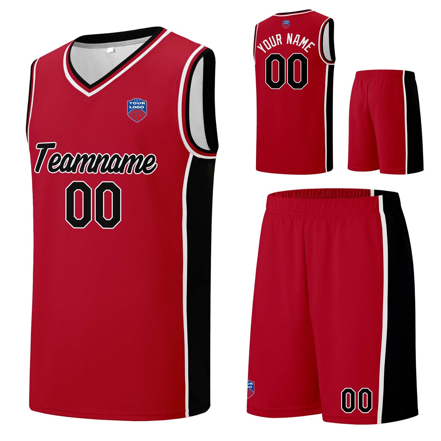 Custom basketball jersey shorts for men and women. Embroidered and printed name, number and logo Red