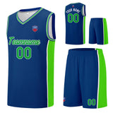 Custom basketball jersey shorts for men and women. Embroidered and printed name, number and logo Royal&Neon Green