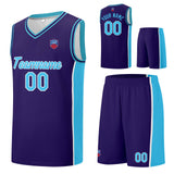 Custom basketball jersey shorts for men and women. Embroidered and printed name, number and logo Purple&Light Blue