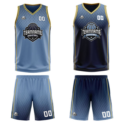 Custom Dusty Blue Navy Yellow Reversible Basketball Suit for Adults and Kids Personalized Jersey