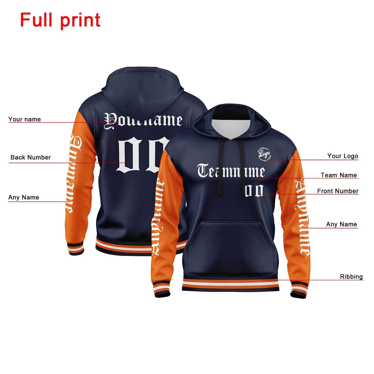 Custom Navy Orange Hoodie Personalized Mens Pullover Hoodie Printed Team Name Number Logo for Women