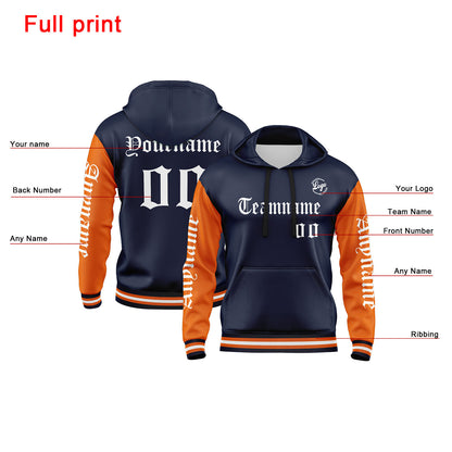 Custom Navy Orange Hoodie Personalized Mens Pullover Hoodie Printed Team Name Number Logo for Women