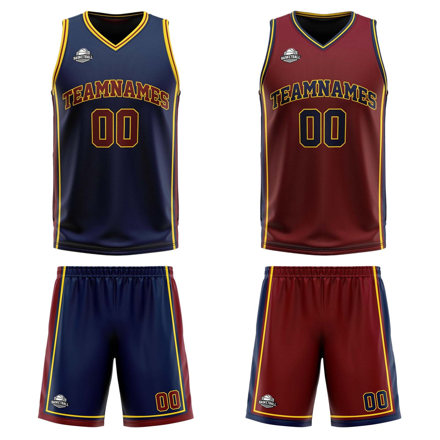 Custom Navy Wine Yellow Reversible Basketball Suit for Adults and Kids Personalized Jersey