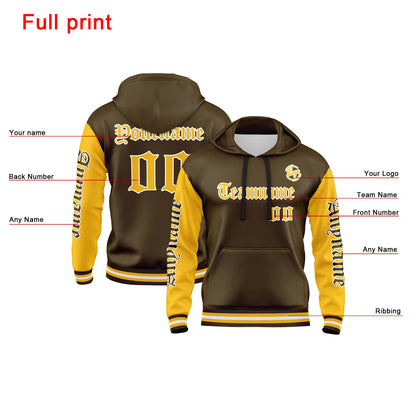 Custom Brown Yellow Hoodie Personalized Mens Pullover Hoodie Printed Team Name Number Logo for Women