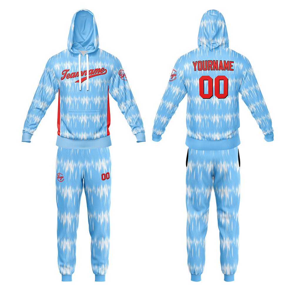Custom Light Blue Hoodie Sweatshirt Set for Men Women Youth Tops and Pants Set Tracksuit