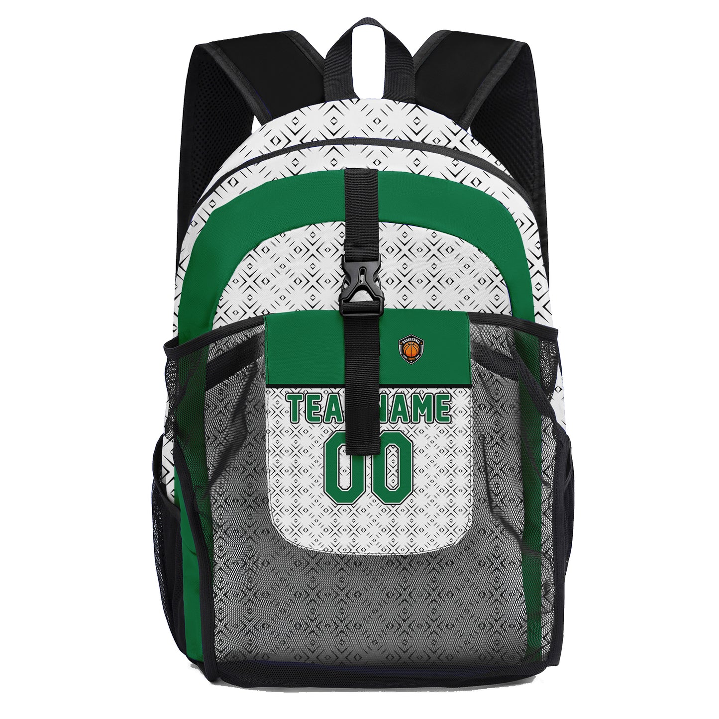 Customize Green White Sports Backpacks Featuring Personalized Names, Numbers and Logos