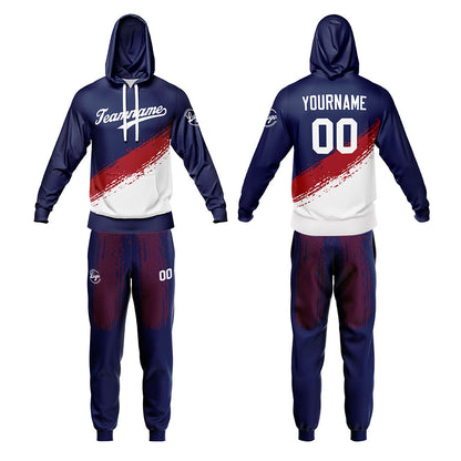Custom Navy White Hoodie Sweatshirt Set for Men Women Youth Tops and Pants Set Tracksuit