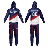 Custom Navy White Hoodie Sweatshirt Set for Men Women Youth Tops and Pants Set Tracksuit