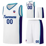 Custom basketball jersey shorts for men and women. Embroidered and printed name, number and logo White&Purple