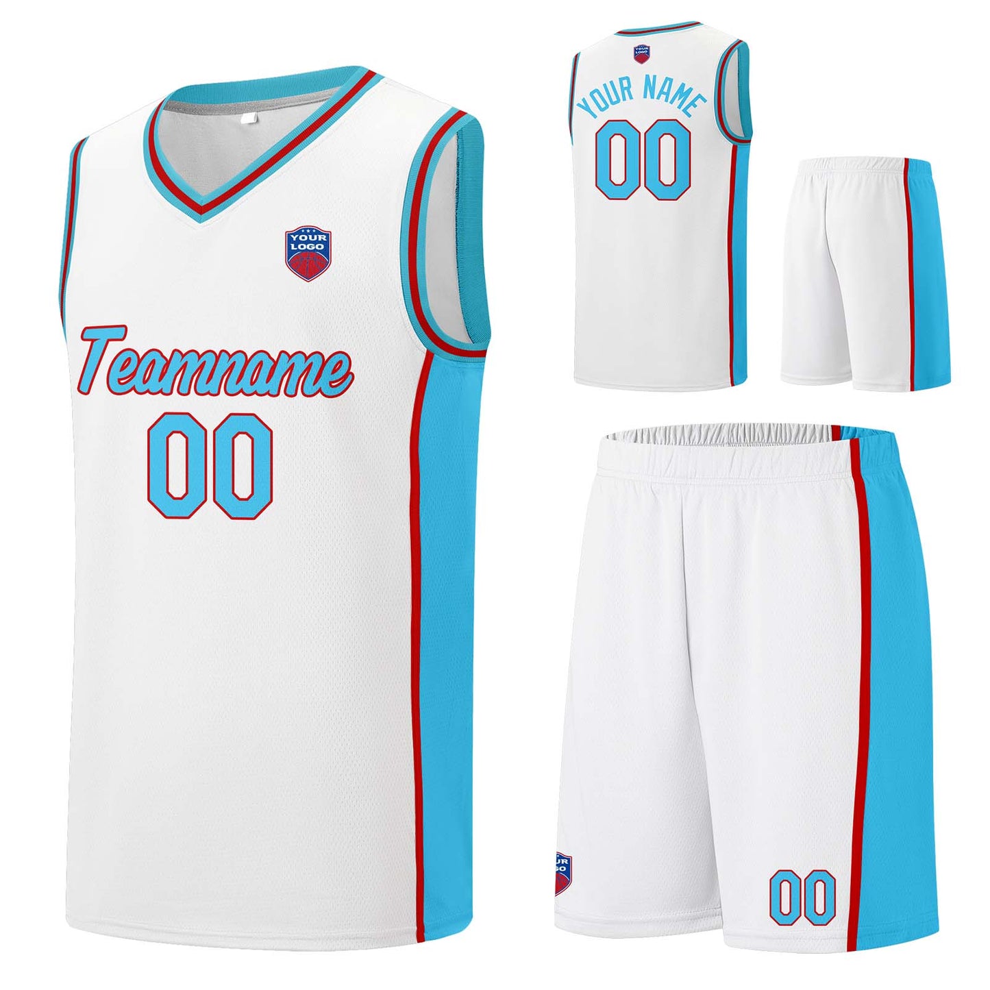 Custom basketball jersey shorts for men and women. Embroidered and printed name, number and logo White&Light Blue&Red