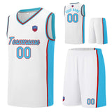 Custom basketball jersey shorts for men and women. Embroidered and printed name, number and logo White&Light Blue&Red