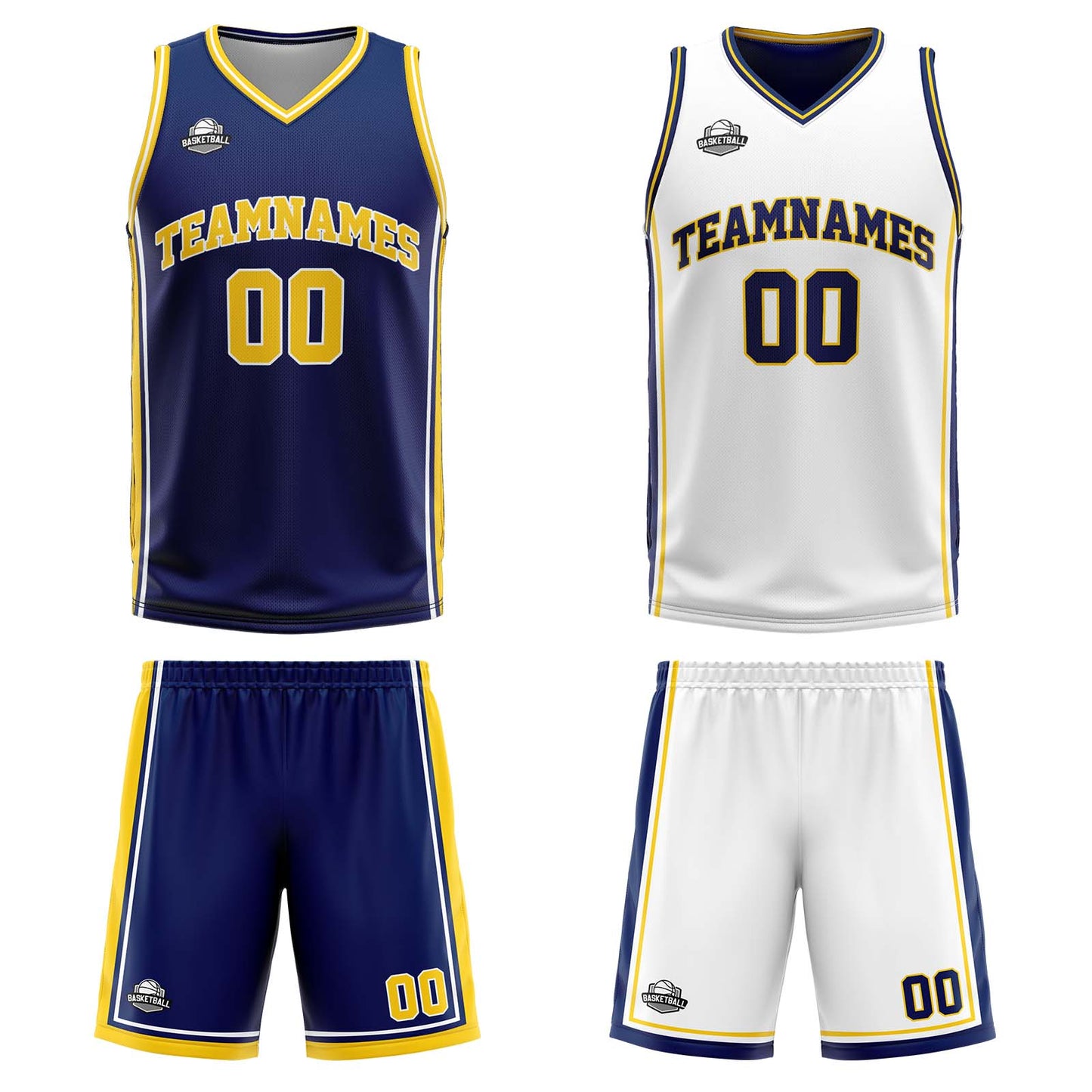 Custom Navy Yellow White Reversible Basketball Suit for Adults and Kids Personalized Jersey