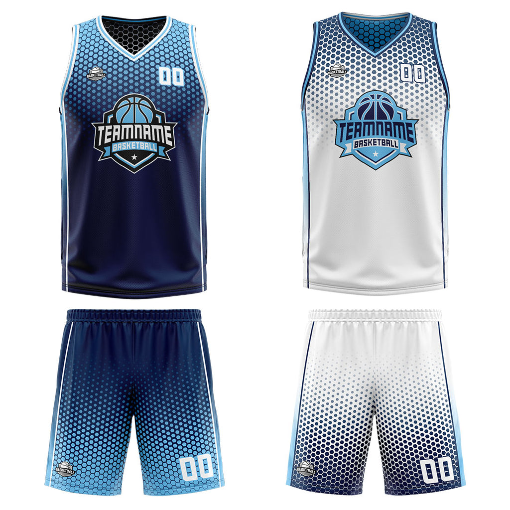 Custom Navy Blue White Reversible Basketball Suit for Adults and Kids Personalized Jersey