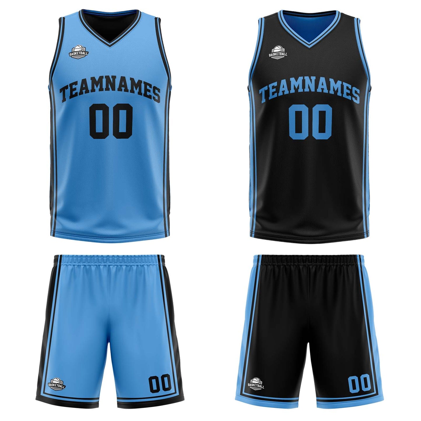 Custom Light Blue Black Reversible Basketball Suit for Adults and Kids Personalized Jersey
