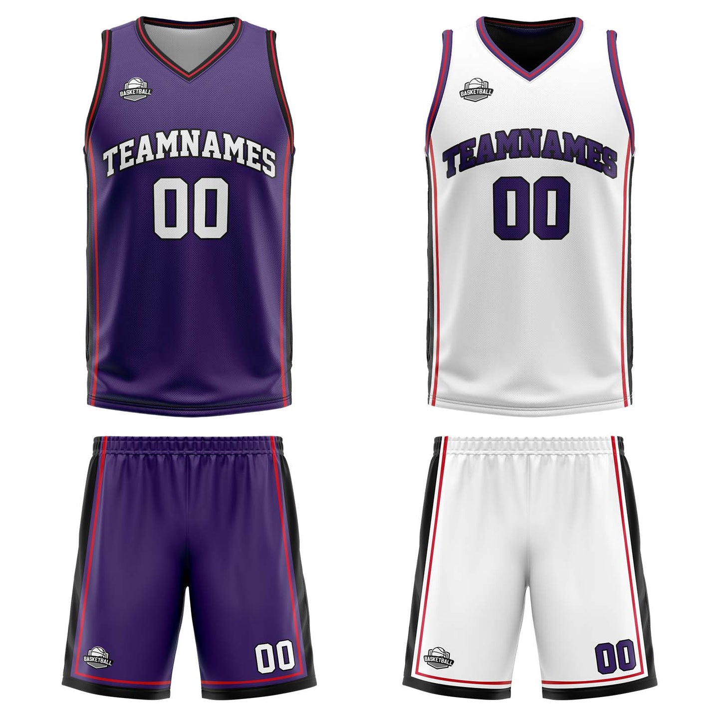 Custom Purple White Red Reversible Basketball Suit for Adults and Kids Personalized Jersey