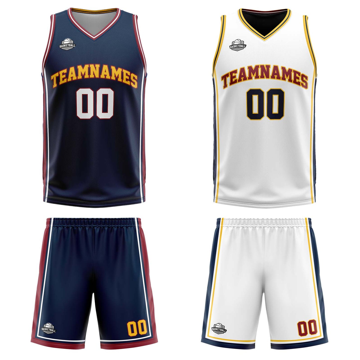 Custom Navy White Yellow Reversible Basketball Suit for Adults and Kids Personalized Jersey