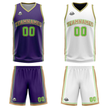 Custom Purple White Gold Neon Green Reversible Basketball Suit for Adults and Kids Personalized Jersey