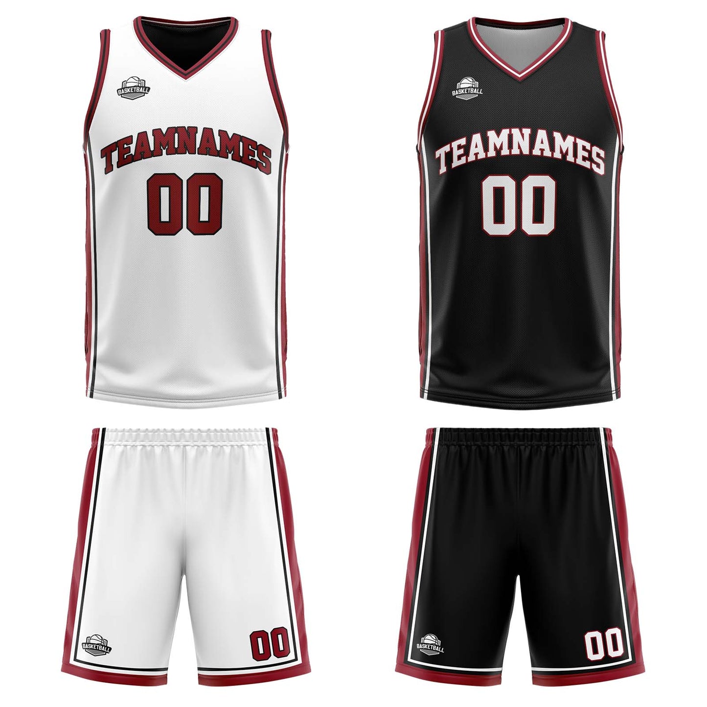 Custom White Black Red Reversible Basketball Suit for Adults and Kids Personalized Jersey