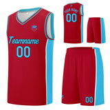 Custom basketball jersey shorts for men and women. Embroidered and printed name, number and logo Red&Light Blue