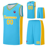 Custom basketball jersey shorts for men and women. Embroidered and printed name, number and logo Light Blue&Yellow