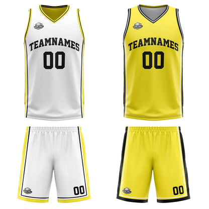 Custom White Yellow Black Reversible Basketball Suit for Adults and Kids Personalized Jersey