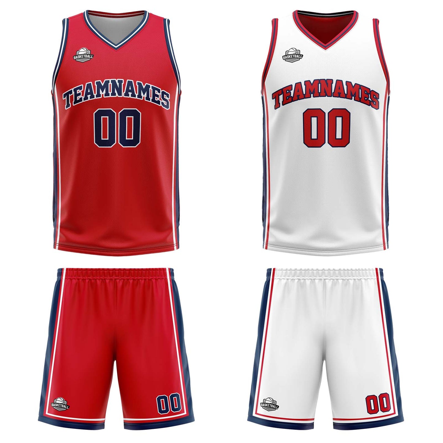 Custom Red White Navy Reversible Basketball Suit for Adults and Kids Personalized Jersey